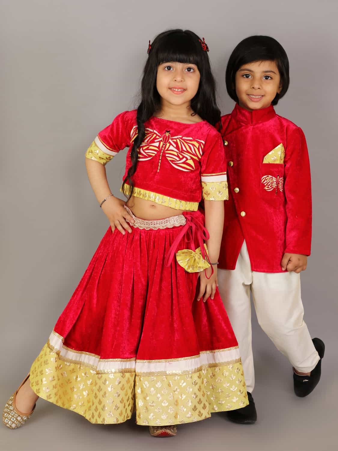 RED VELVET EMBROIDERED BLOUSE WITH LEHENGA