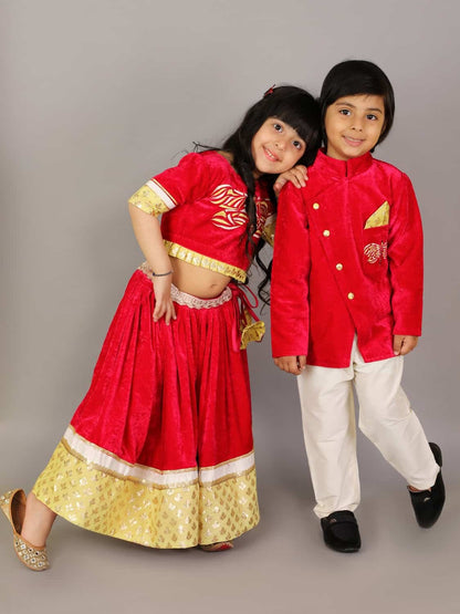 RED VELVET EMBROIDERED BLOUSE WITH LEHENGA