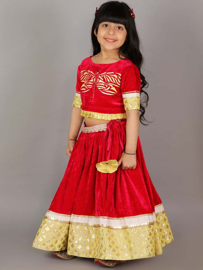 RED VELVET EMBROIDERED BLOUSE WITH LEHENGA