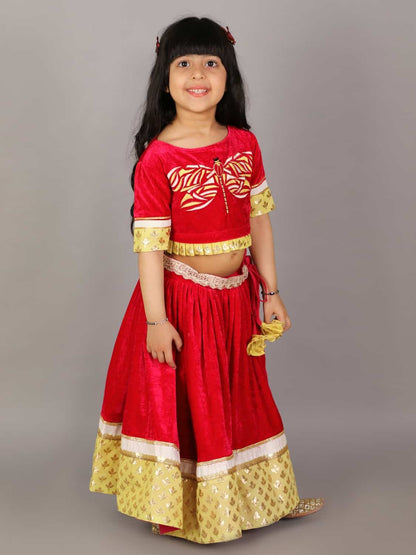 RED VELVET EMBROIDERED BLOUSE WITH LEHENGA