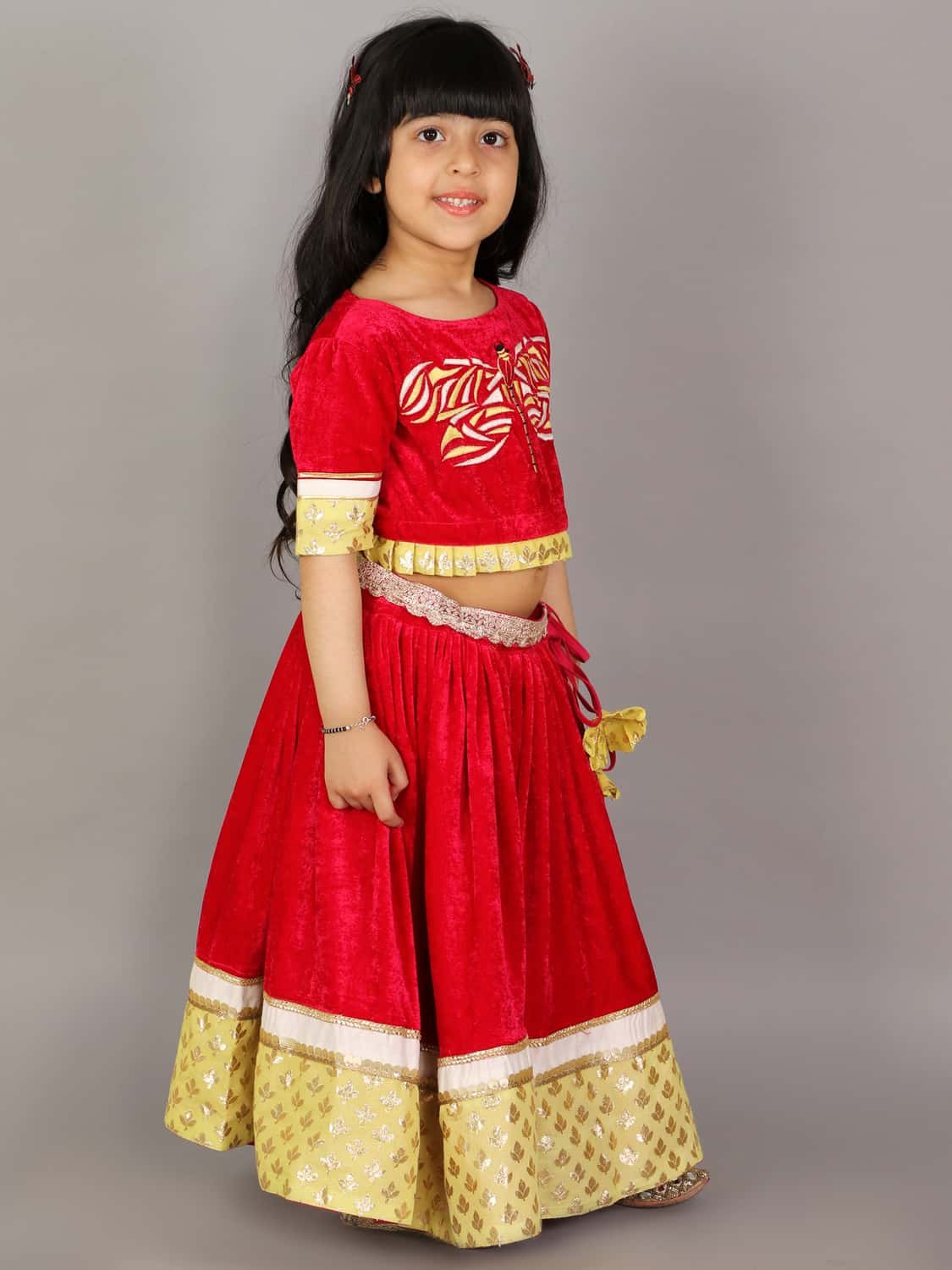 RED VELVET EMBROIDERED BLOUSE WITH LEHENGA