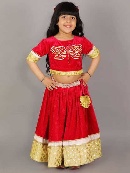 RED VELVET EMBROIDERED BLOUSE WITH LEHENGA