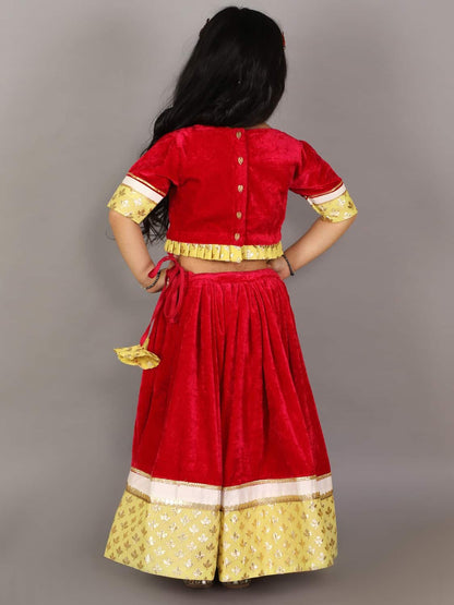 RED VELVET EMBROIDERED BLOUSE WITH LEHENGA