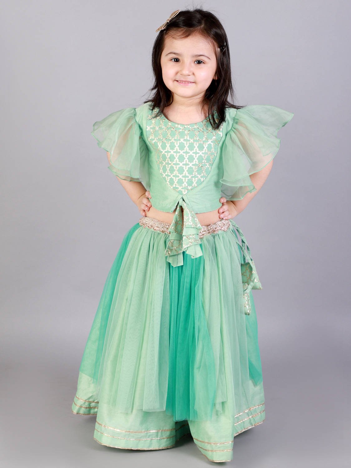 GREEN ZARI ORGANZA BLOUSE WITH NET LEHENGA