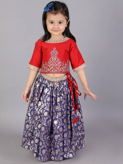 RED AND BLUE ZARI EMBROIDERY LEHENGA SET