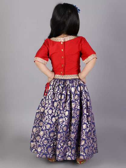 RED AND BLUE ZARI EMBROIDERY LEHENGA SET