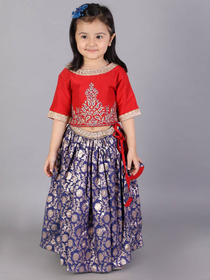 RED AND BLUE ZARI EMBROIDERY LEHENGA SET