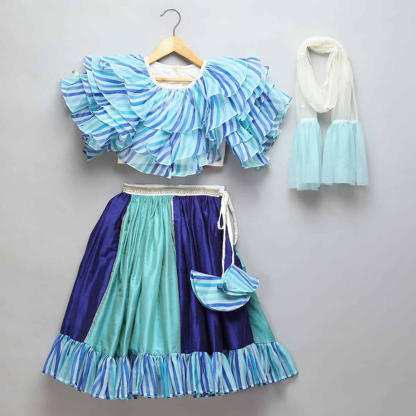 BLUE LEHRIYA FRILL BLOUSE AND LEHENGA SET