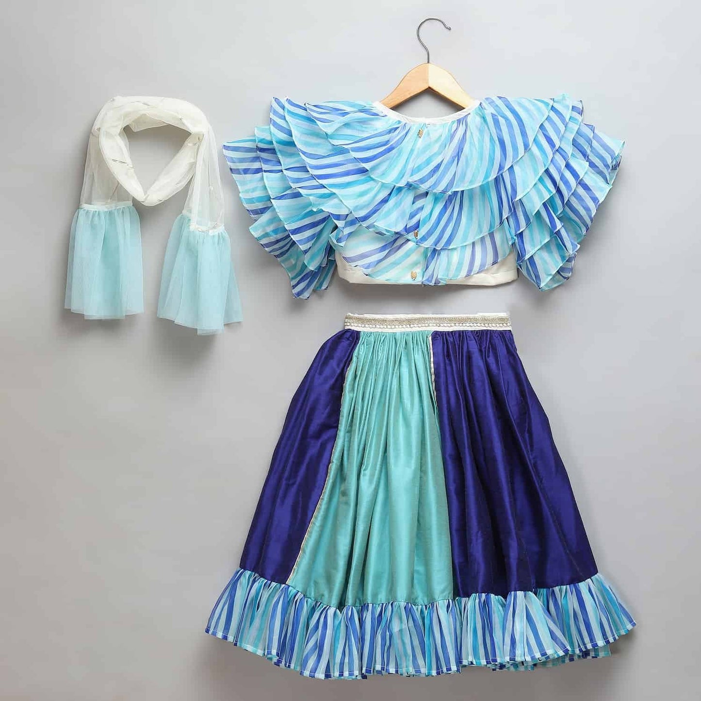 BLUE LEHRIYA FRILL BLOUSE AND LEHENGA SET