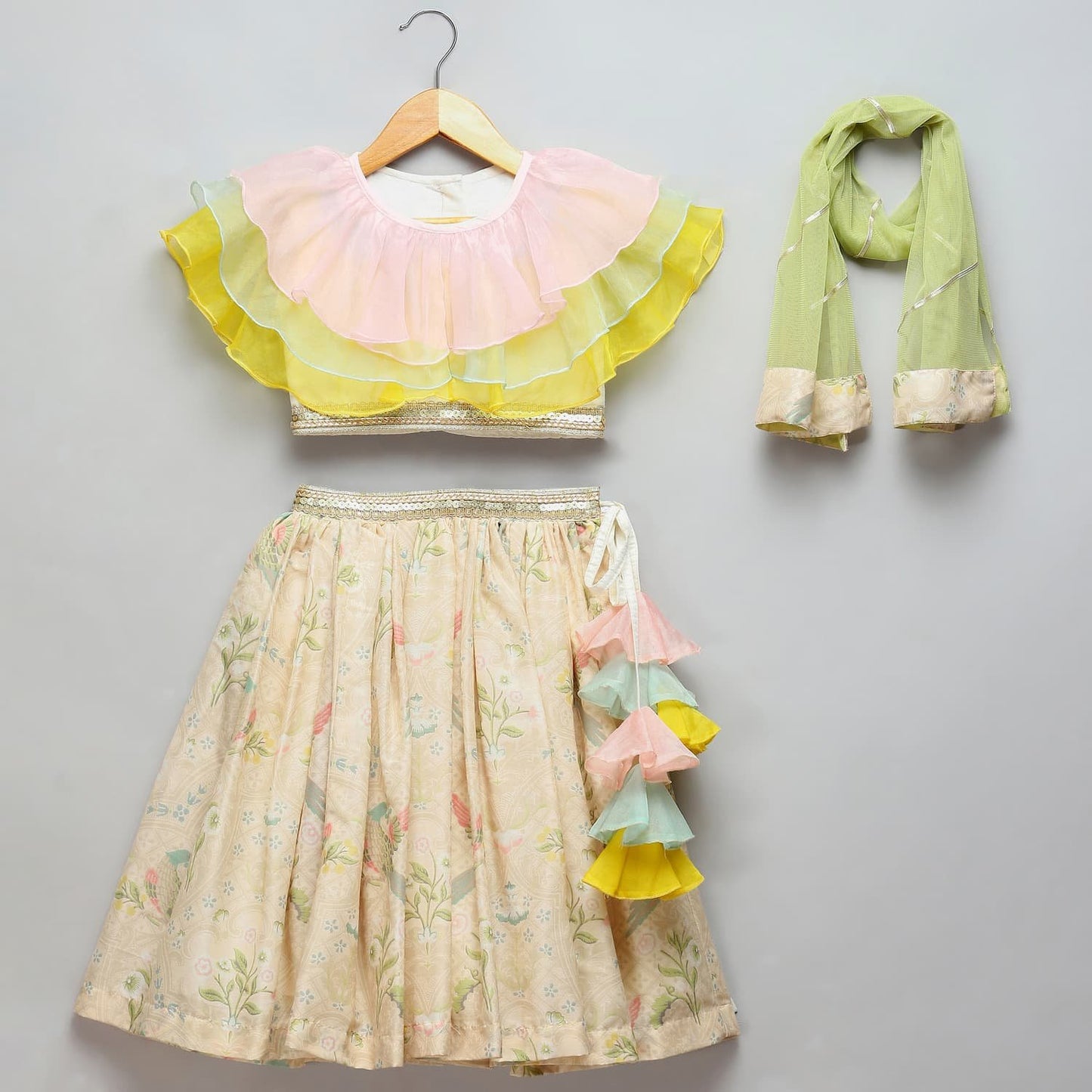 PASTEL FRILL BLOUSE WITH PARROT PRINT LEHENGA