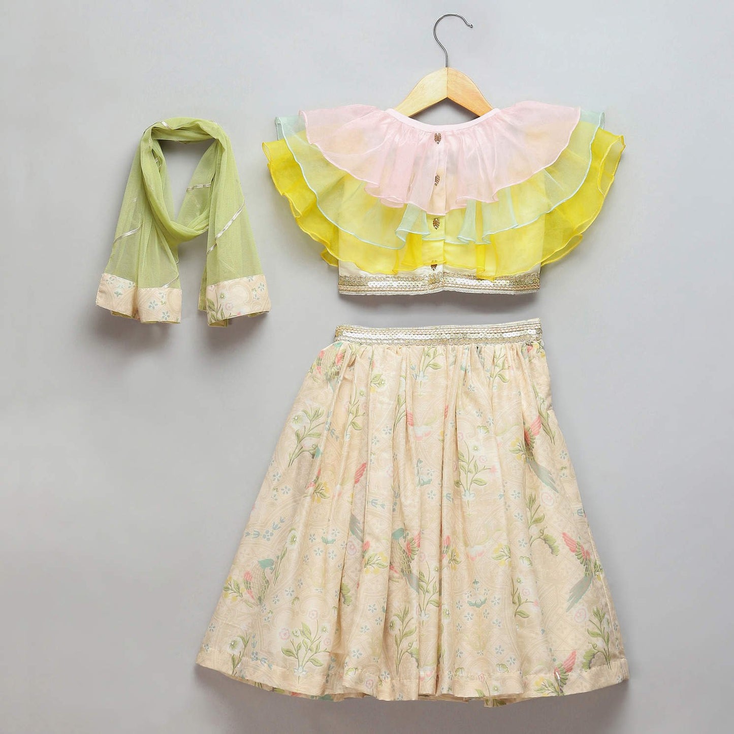 PASTEL FRILL BLOUSE WITH PARROT PRINT LEHENGA