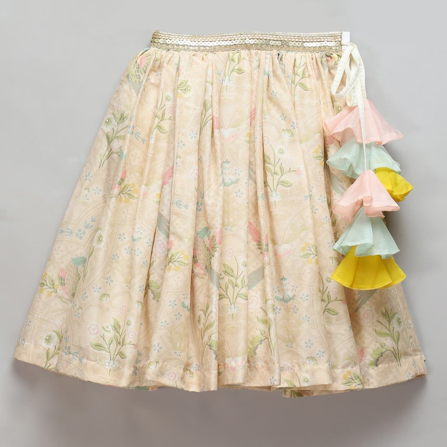 PASTEL FRILL BLOUSE WITH PARROT PRINT LEHENGA