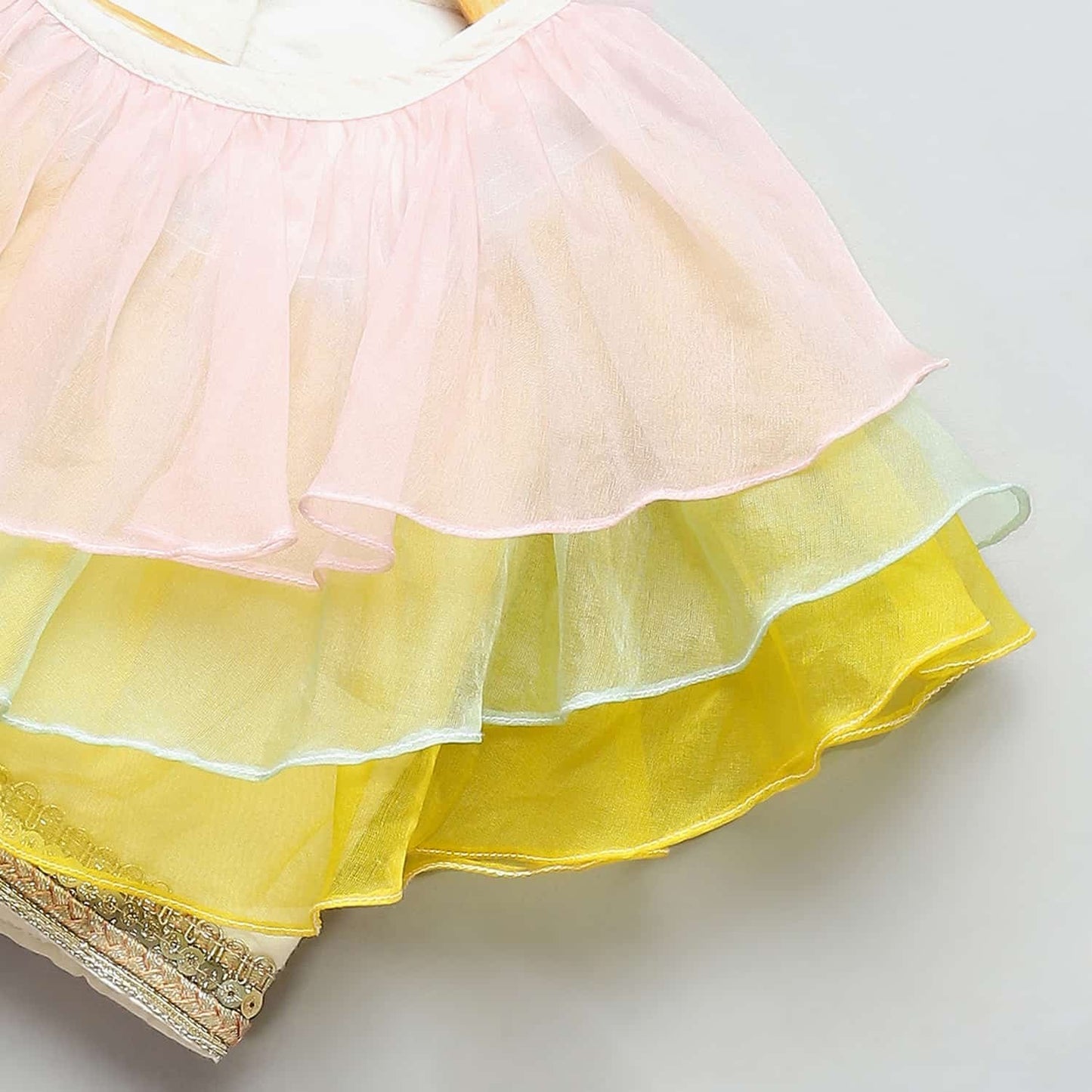 PASTEL FRILL BLOUSE WITH PARROT PRINT LEHENGA