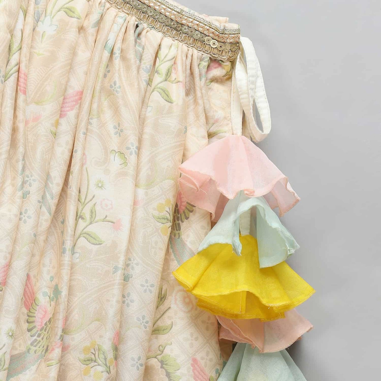 PASTEL FRILL BLOUSE WITH PARROT PRINT LEHENGA