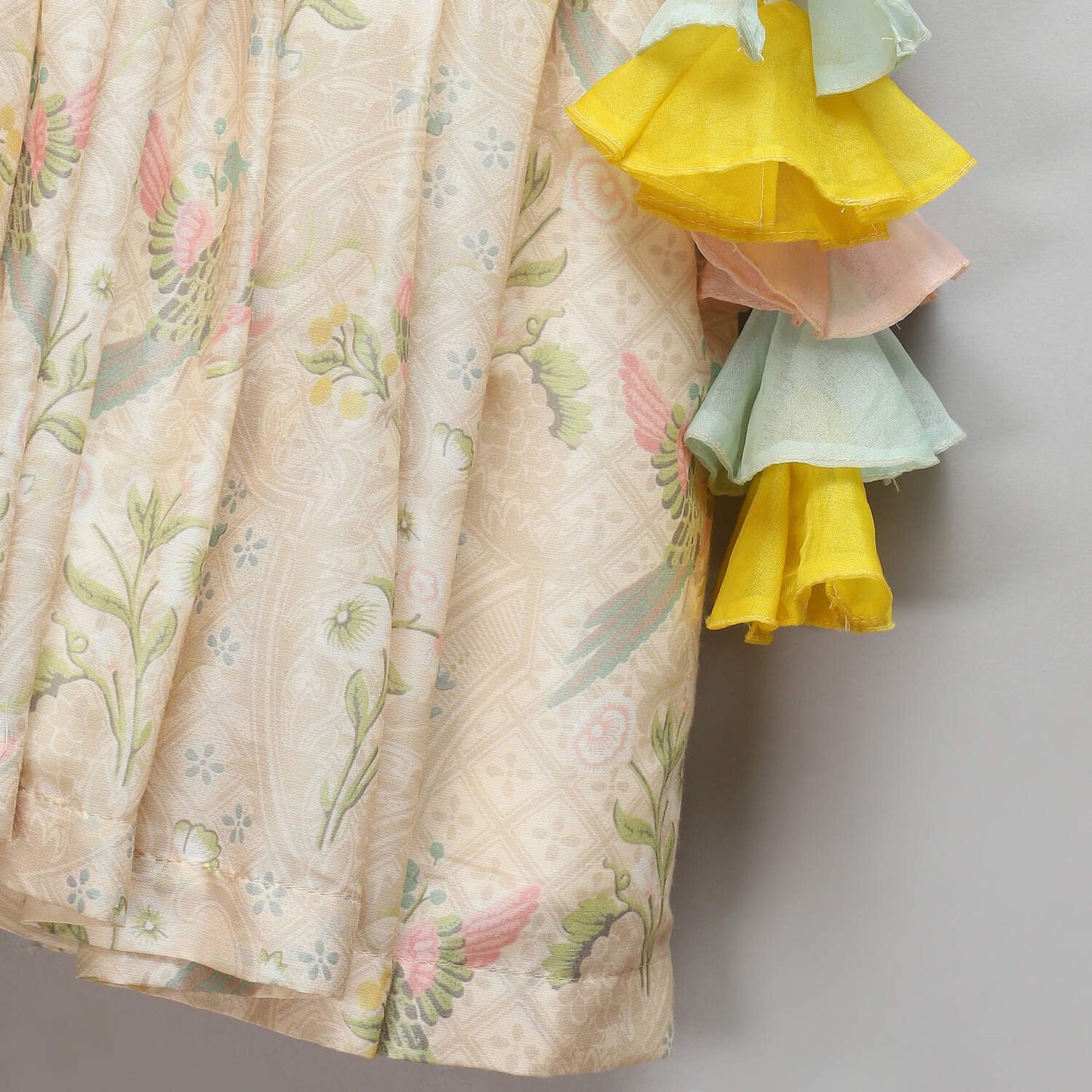 PASTEL FRILL BLOUSE WITH PARROT PRINT LEHENGA