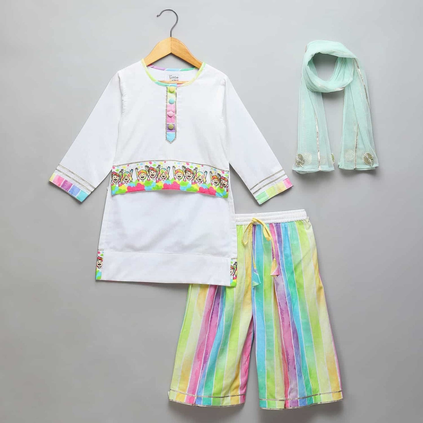 HAPPY HOLI KIDS PRINTED HIGH LOW KURTA PYJAMA SET