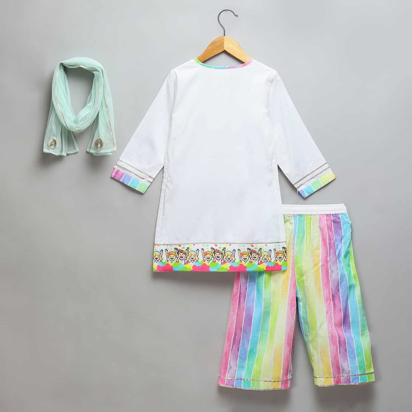 HAPPY HOLI KIDS PRINTED HIGH LOW KURTA PYJAMA SET