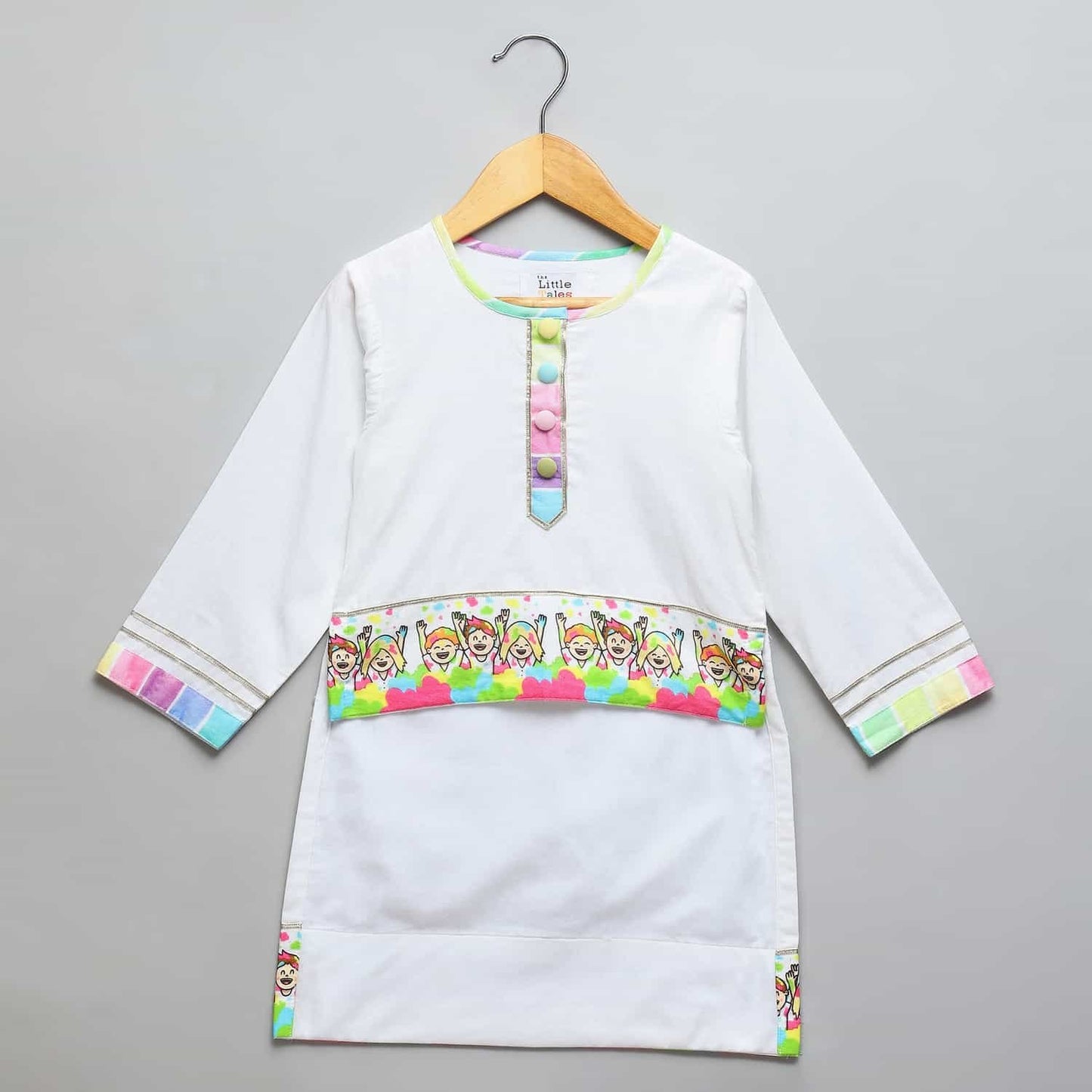 HAPPY HOLI KIDS PRINTED HIGH LOW KURTA PYJAMA SET