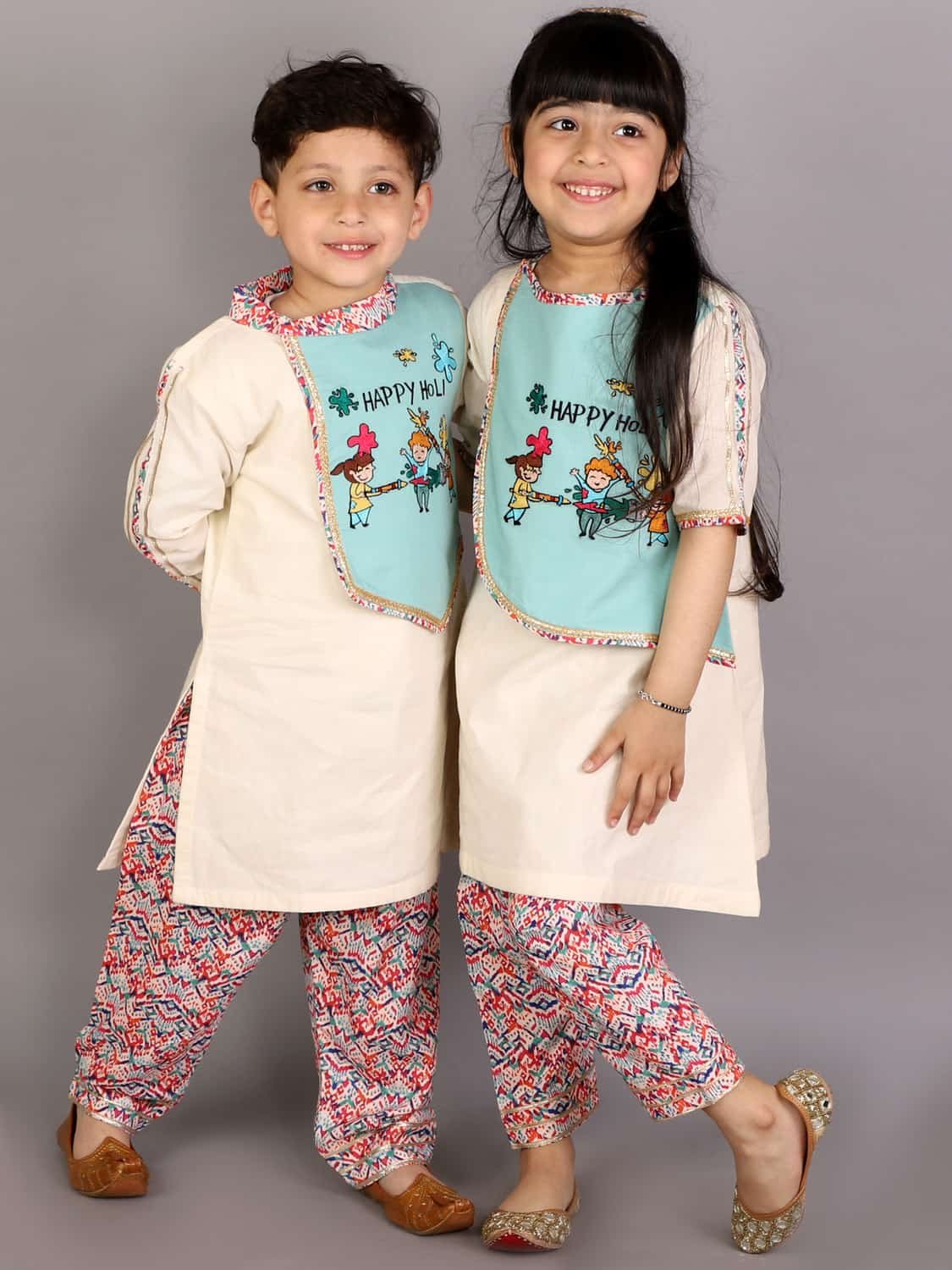 KIDS PLAYING HOLI MULTI EMBROIDERY A-LINE KURTA PYJAMA SET