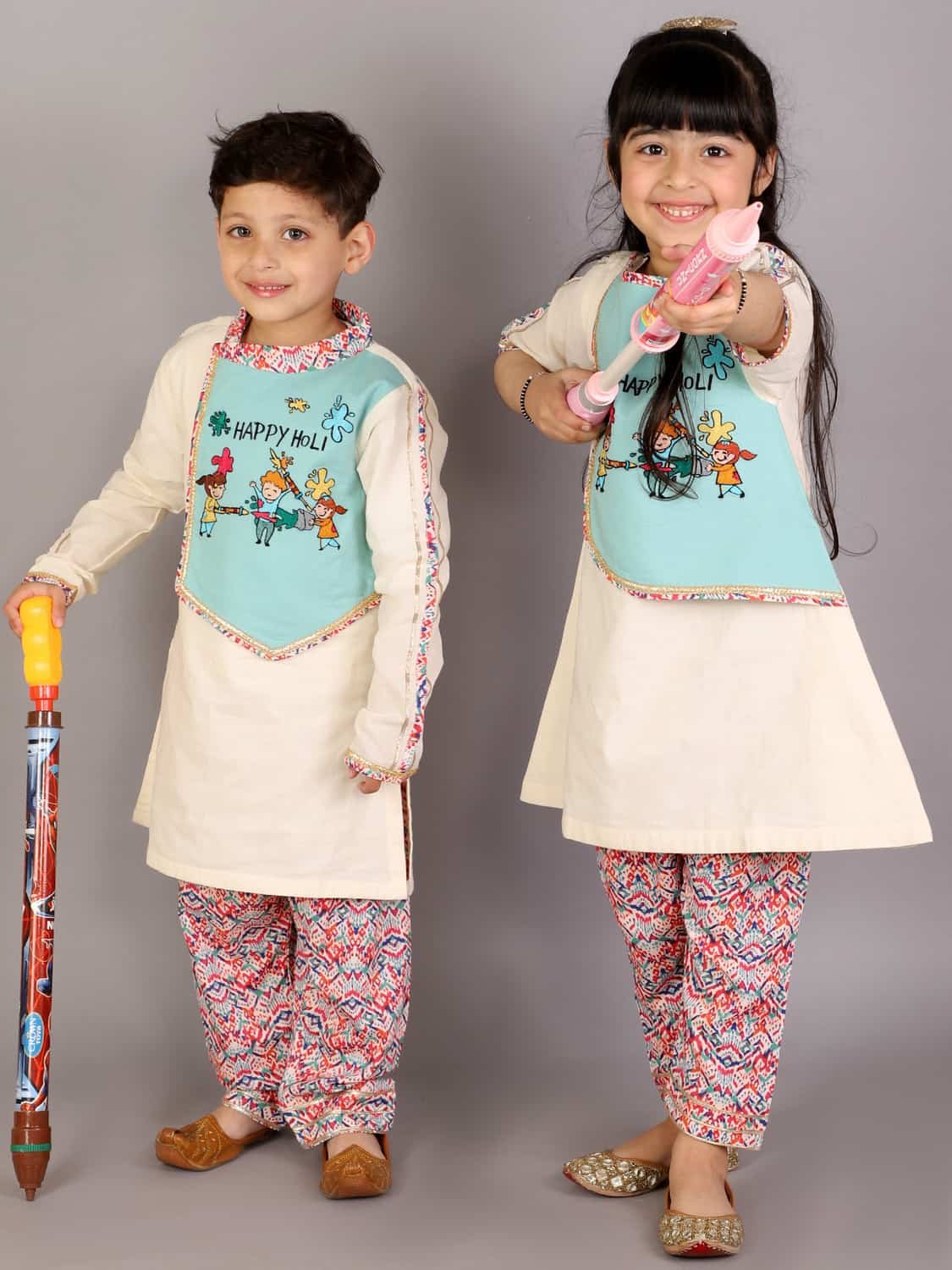 KIDS PLAYING HOLI MULTI EMBROIDERY A-LINE KURTA PYJAMA SET