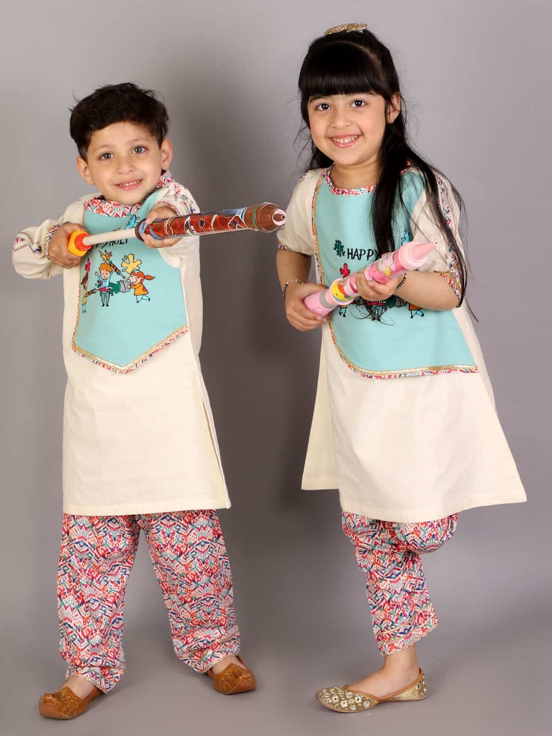 KIDS PLAYING HOLI MULTI EMBROIDERY A-LINE KURTA PYJAMA SET