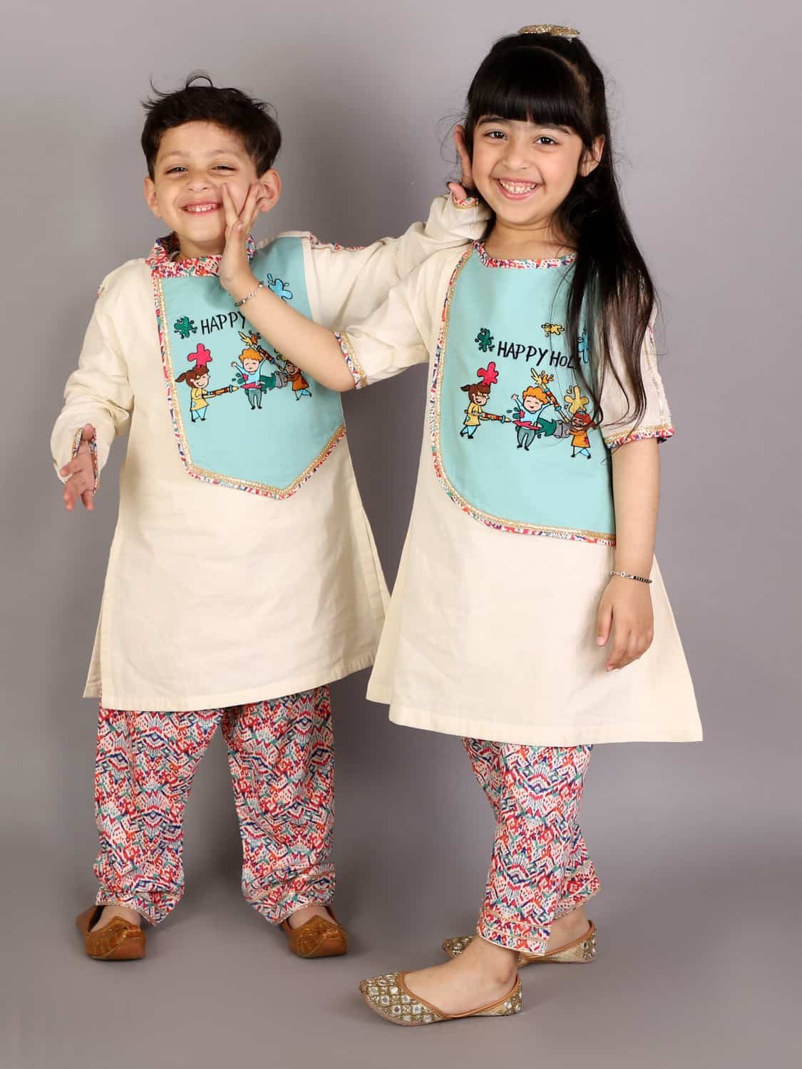 KIDS PLAYING HOLI MULTI EMBROIDERY A-LINE KURTA PYJAMA SET