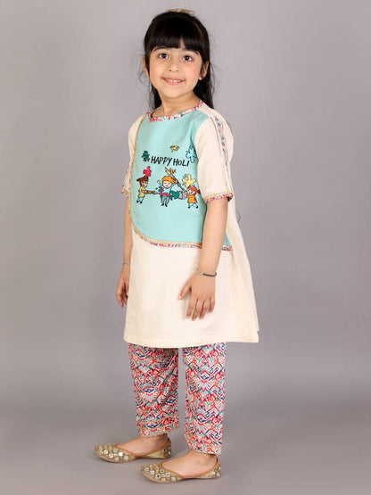 KIDS PLAYING HOLI MULTI EMBROIDERY A-LINE KURTA PYJAMA SET