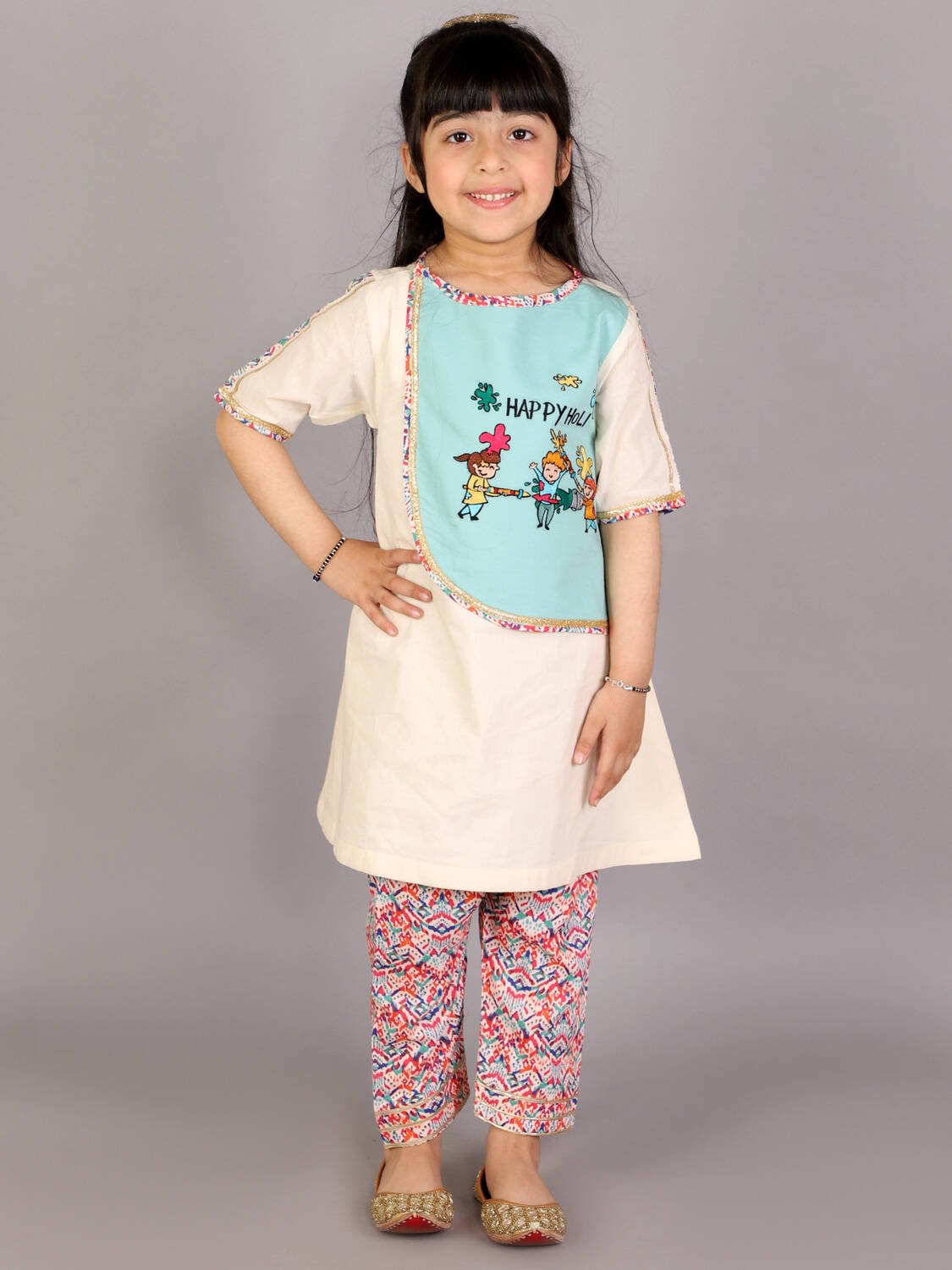 KIDS PLAYING HOLI MULTI EMBROIDERY A-LINE KURTA PYJAMA SET