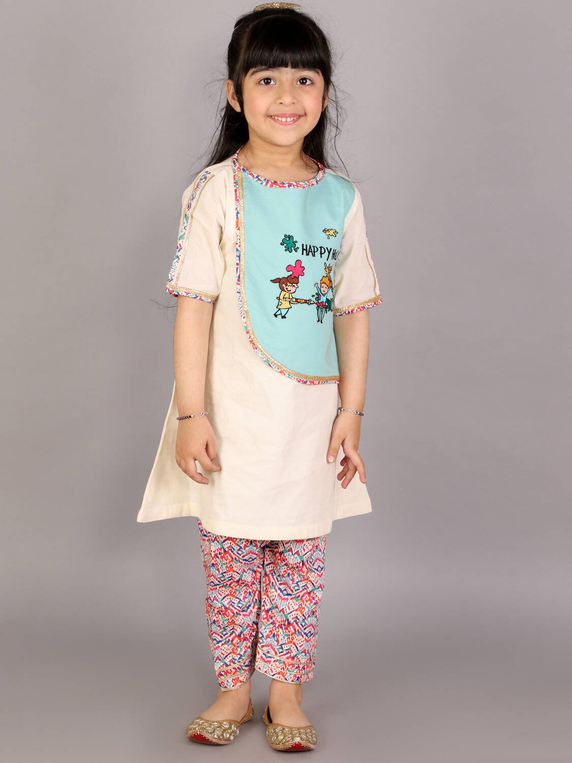 KIDS PLAYING HOLI MULTI EMBROIDERY A-LINE KURTA PYJAMA SET