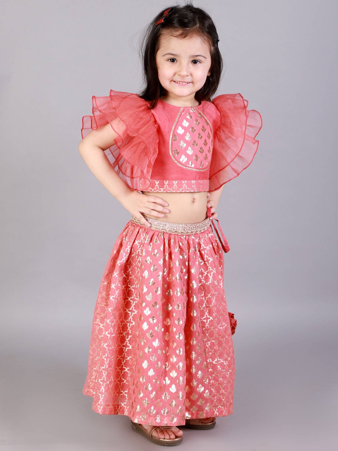 CORAL PINK RUFFLED BLOUSE WITH COTTON ZARI LEHENGA