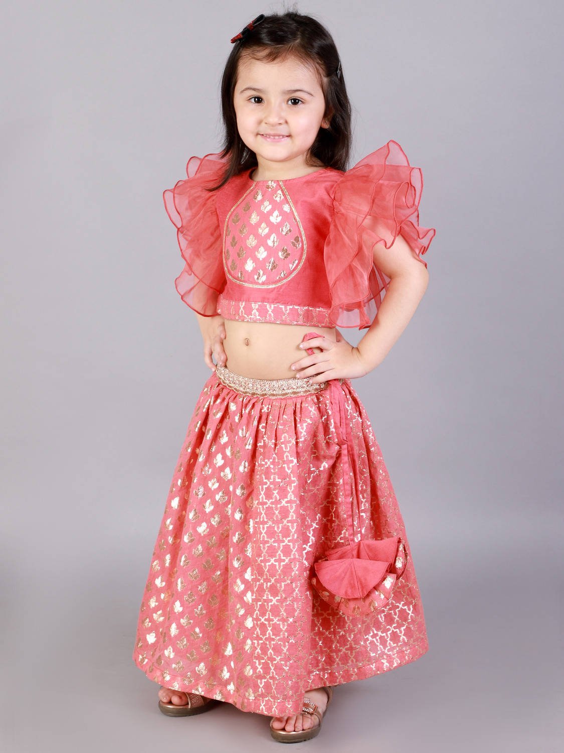 CORAL PINK RUFFLED BLOUSE WITH COTTON ZARI LEHENGA