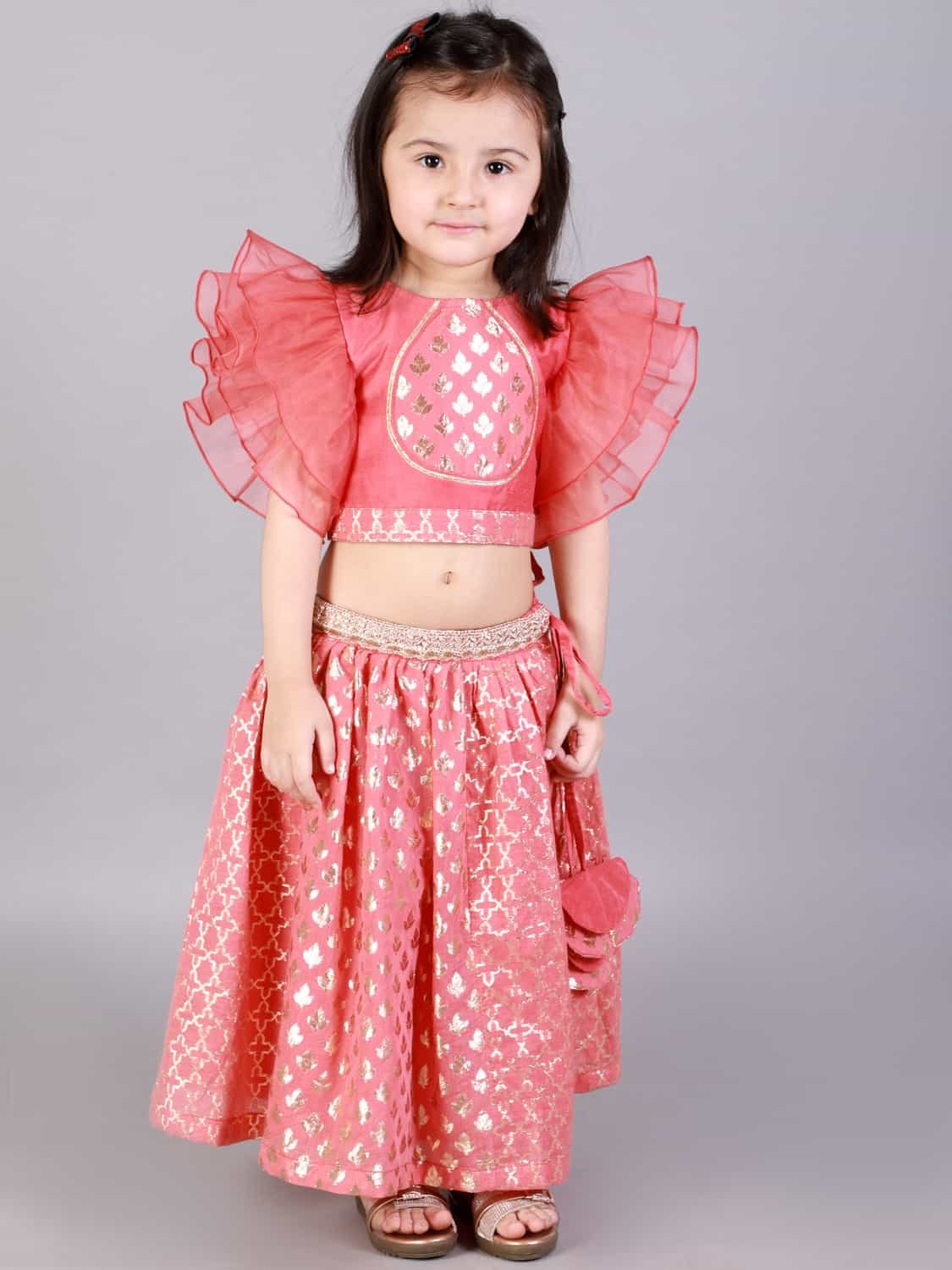 CORAL PINK RUFFLED BLOUSE WITH COTTON ZARI LEHENGA