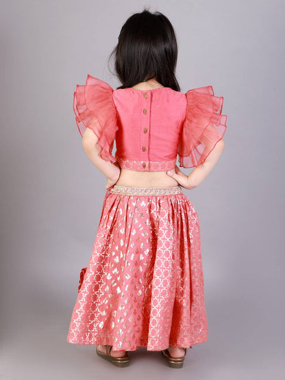 CORAL PINK RUFFLED BLOUSE WITH COTTON ZARI LEHENGA