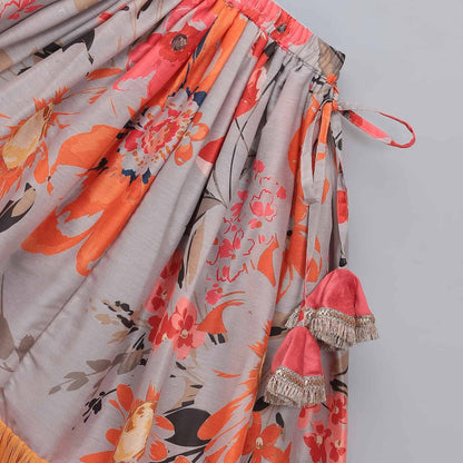 GREY ORANGE FLORAL PRINTED OFF SHOULDER LEHNGA SET WITH ATTACHED DUPATTA