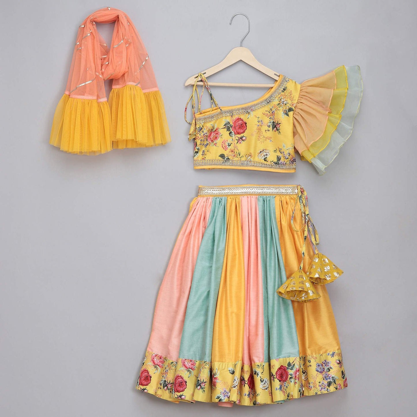 YELLOW FLORAL PRINTED OFF SHOULDER LEHENGA SET