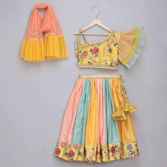 YELLOW FLORAL PRINTED OFF SHOULDER LEHENGA SET