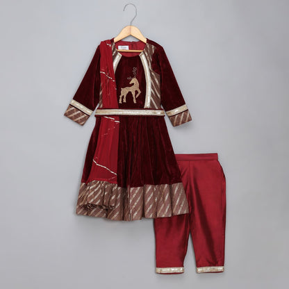 MAROON VELVET EMBROIDERED ANARKALI PANTS WITH NET DUPATTA