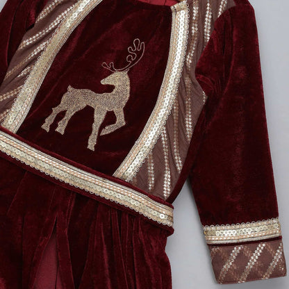 MAROON VELVET EMBROIDERED ANARKALI PANTS WITH NET DUPATTA