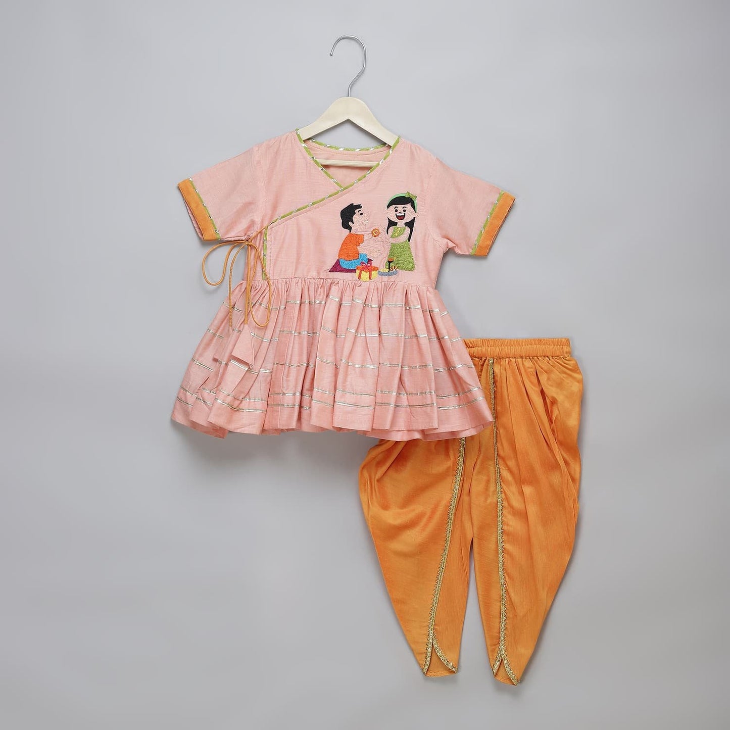 BROTHER SISTER PEACH EMBROIDERED DHOTI SET