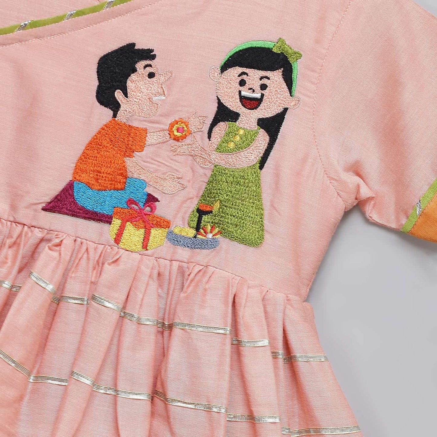 BROTHER SISTER PEACH EMBROIDERED DHOTI SET