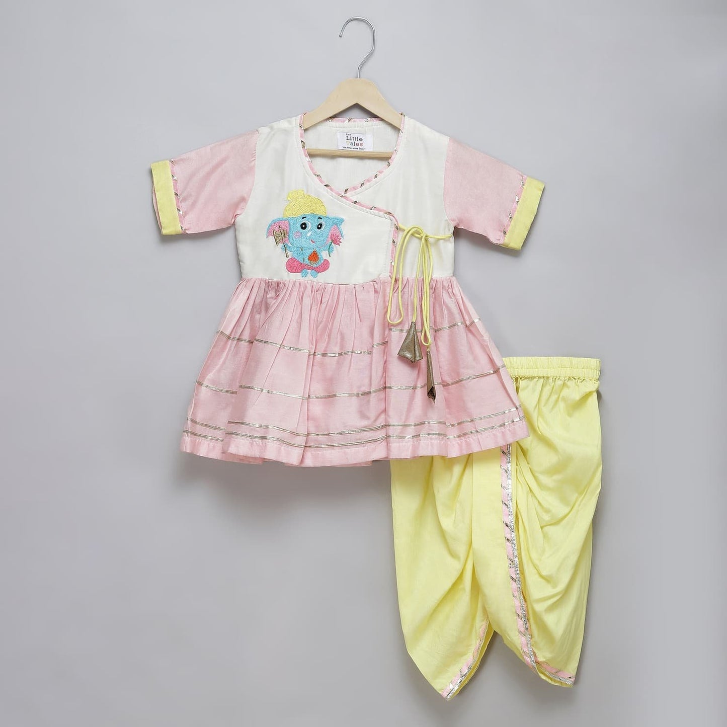 GANPATI EMBROIDERED PINK YELLOW DHOTI SET