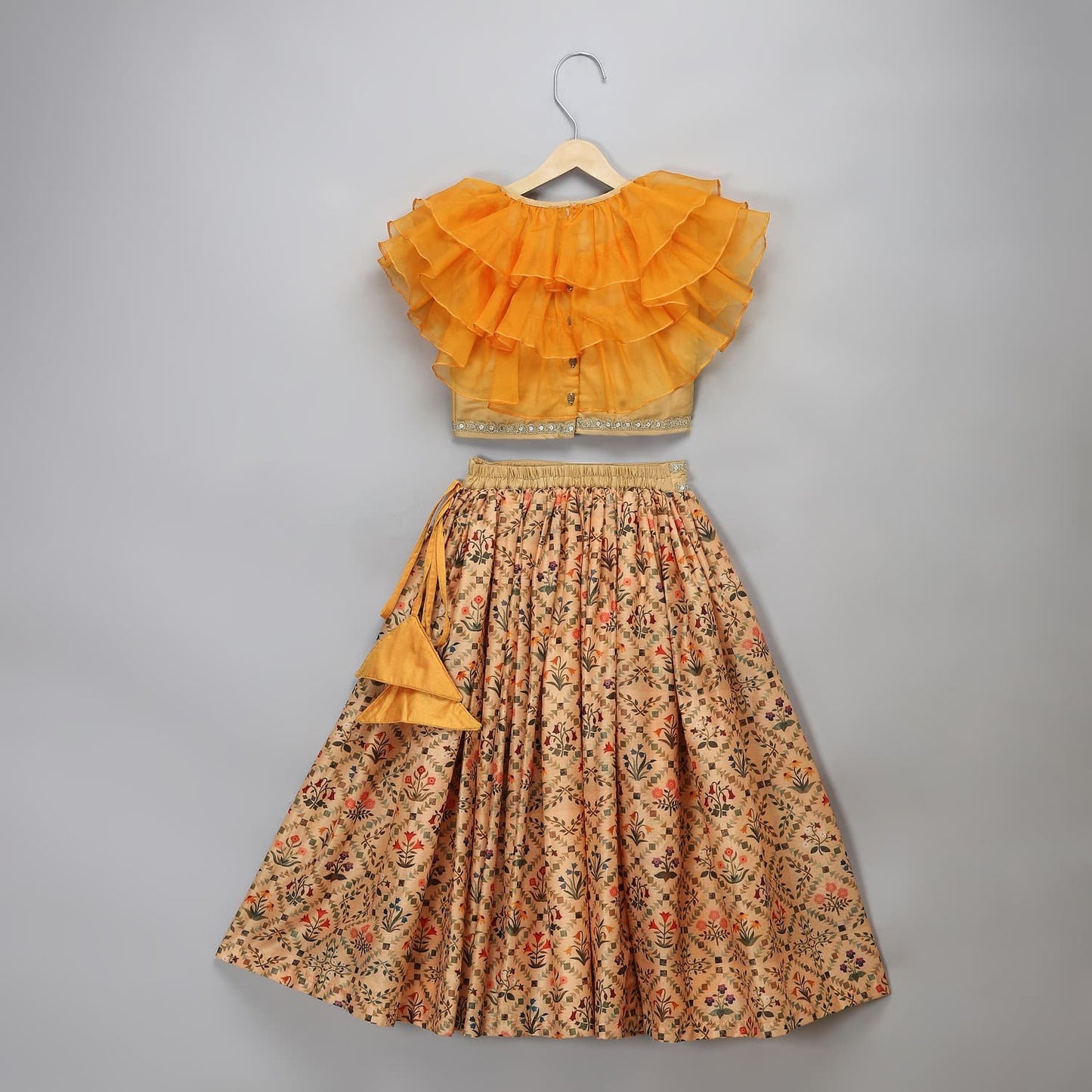 GOLDEN ORANGE FRILL PRINTED LEHENGA SET