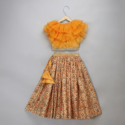 GOLDEN ORANGE FRILL PRINTED LEHENGA SET