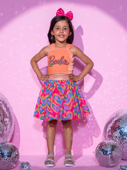 Girls Peach Barbie Top with Skirt Co-ordinate set