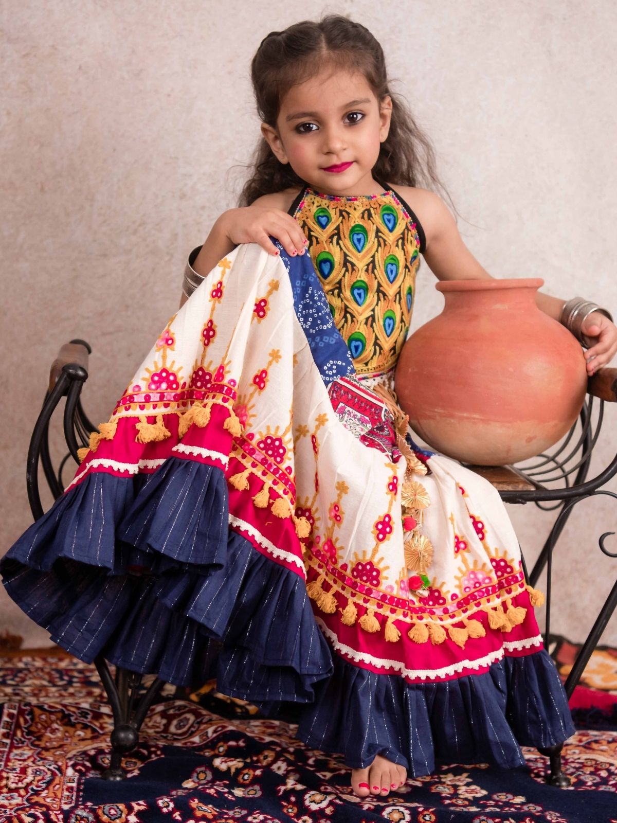 Halemons Girls Pure Cotton Morpankh Embroidered Lehenga Choli Embroidered