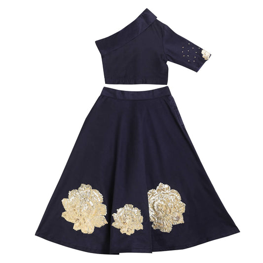 ONE SHOULDER NAVY BLUE FLOWER LEHENGA SET