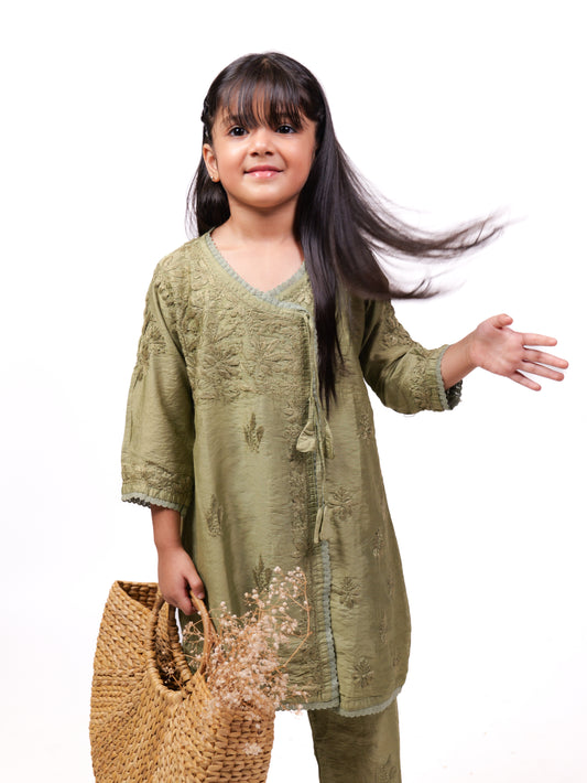 Olive green 2-piece chikankari co-ord set