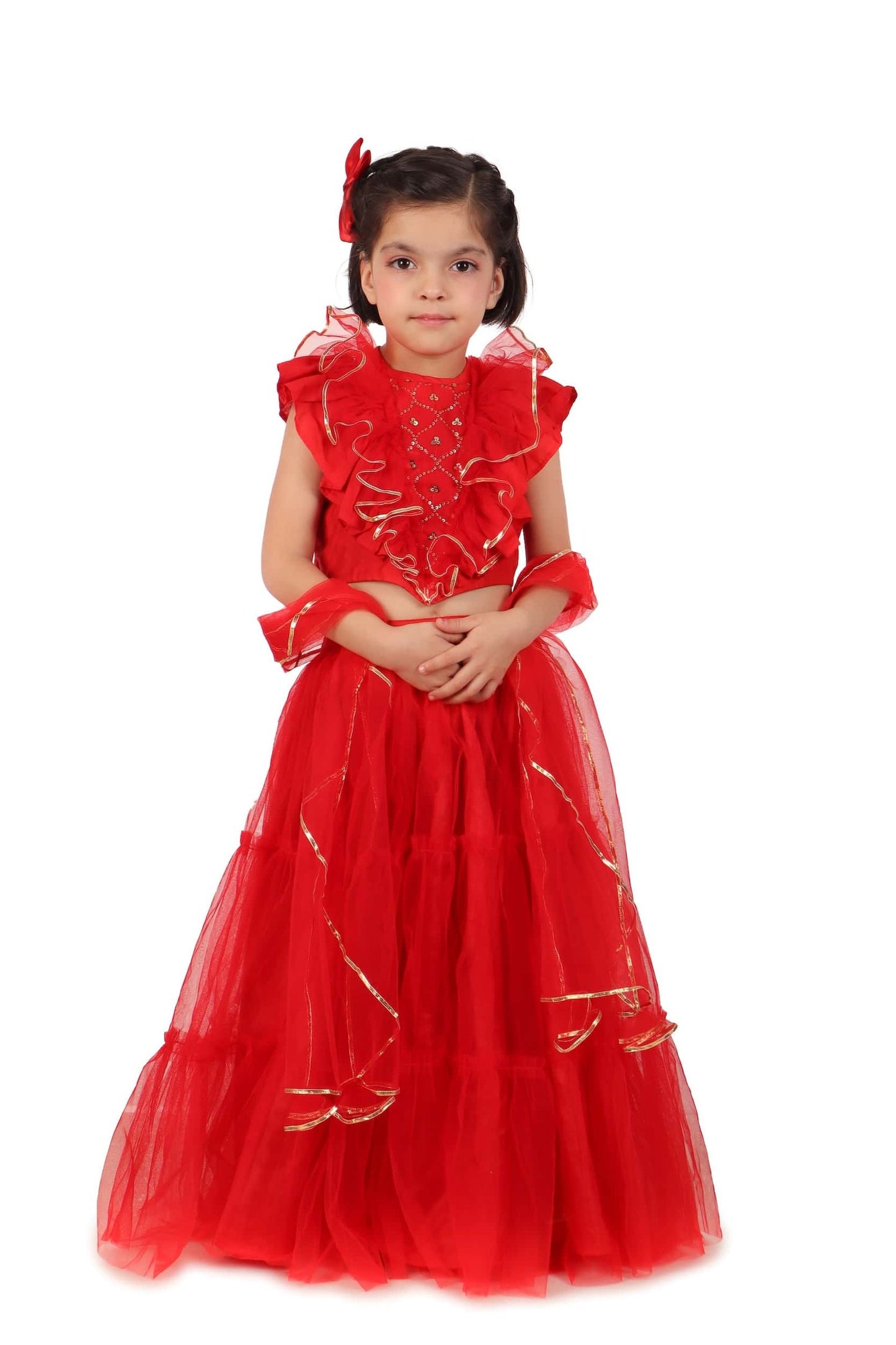 RED FRILLY NET LEHENGA SET