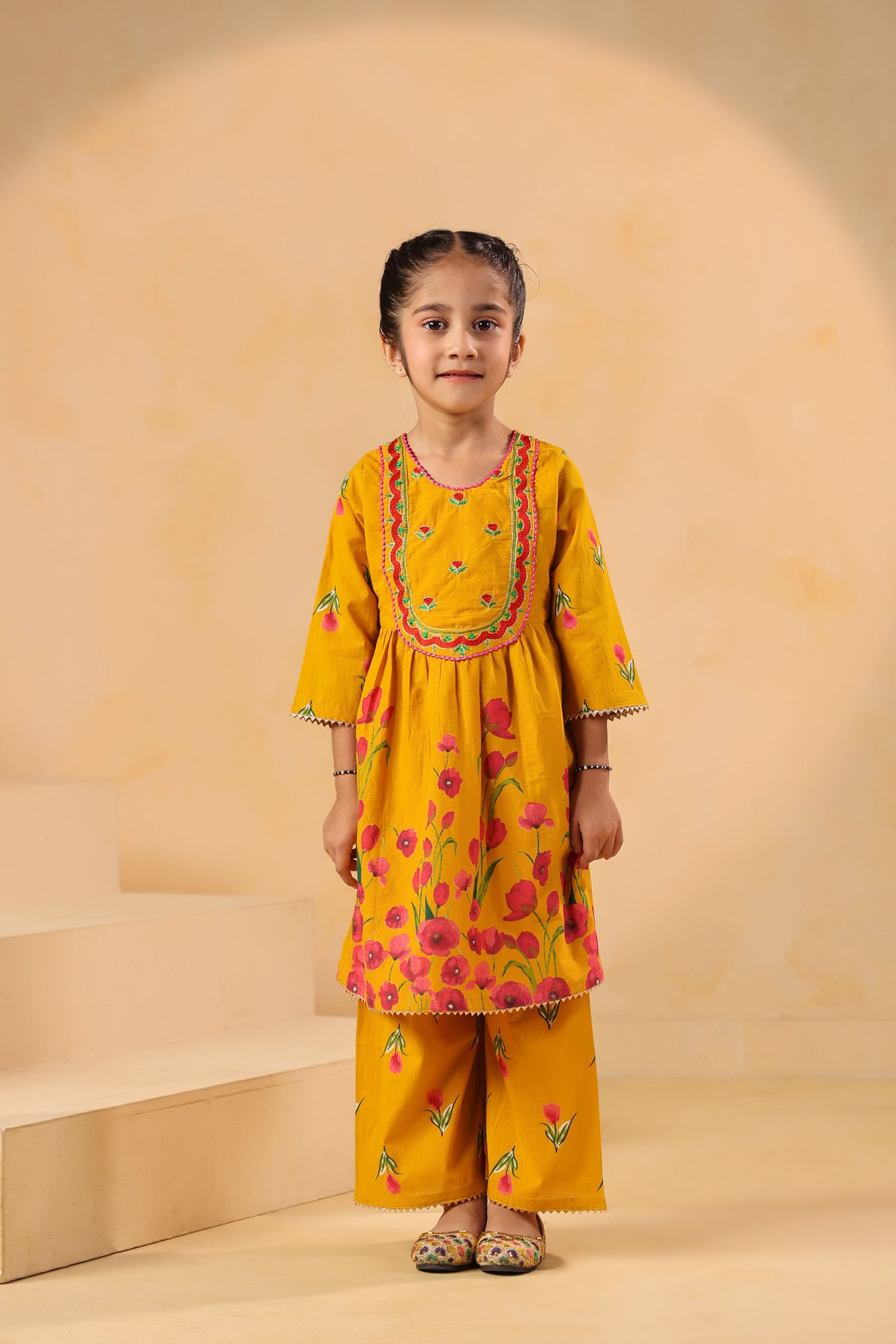GIRL  GENDA PHOOL PRINT KURTA SET-MUSTARD YELLOW