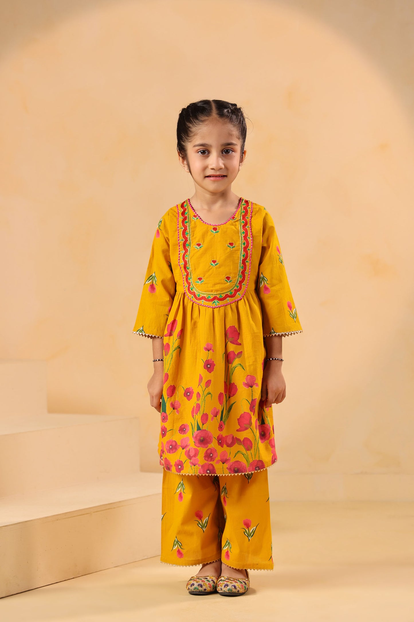 GIRL  GENDA PHOOL PRINT KURTA SET-MUSTARD YELLOW